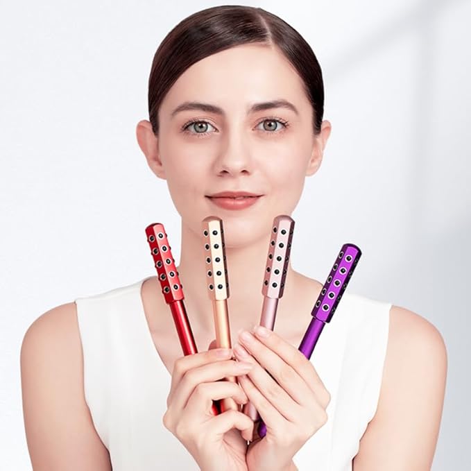 30-Stone Facial Roller - Cooling Face & Neck Massager Tool for Skin Rejuvenation | 360° Contouring with Germanium Stones & Aircraft Aluminum | Portable 7.6" Beauty Roller - Purple