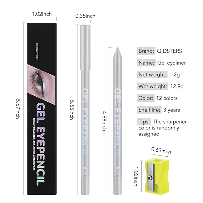 Silver Shimmer Gel Eyeliner Pencil, Multi-Use Waterline Eyeliner with Sharpener, Sharpenable Eye Liner Waterproof Smudge Proof, High Pigmented Eye Makeup Liners, Vegan & Cruelty-Free 07