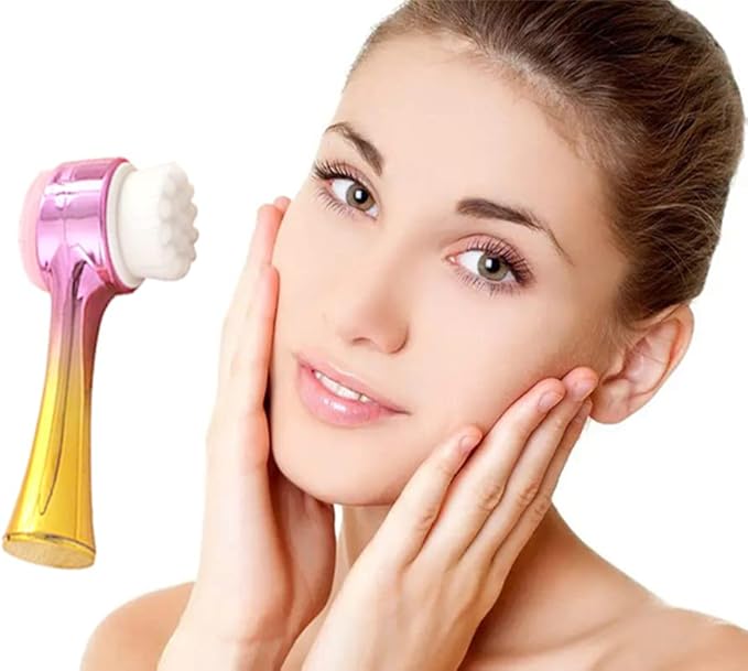 Facial Cleansing Brush 2 in 1Double-Sided Facial Cleaning Brush with Soft Bristles for Deep Pore Exfoliation, Wash Makeup, Massaging (Gold)