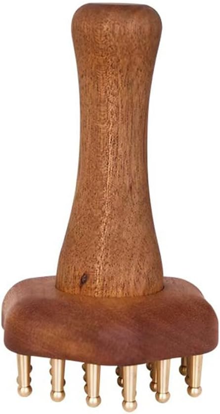 24teeth Copper Head Massage Comb for Body and Scalp Meridian Point Massager Brush for Body and Scalp Relief Body Massage Brush for Cellulite Remover Chinese SPA Gua Sha Tool Wooden Handle