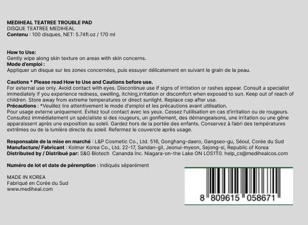 MEDIHEAL Teatree Trouble Pad - Square Cotton Facial Toner Pads with Tea Tree & Lactobacillus - Soothing to Calm Sensitive & Acne Prone Skin- Vegan Face Gauze 100