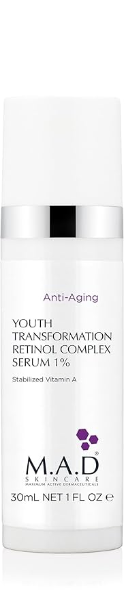 M.A.D Skincare YOUTH TRANSFORMATION RETINOL SERUM 1% - Clarifying Complex for Blemishes & Uneven Tone | Stabilized Vitamin A for Visible Pores & Rough Texture | Gentle Hyaluronic Acid Hydration | 1oz