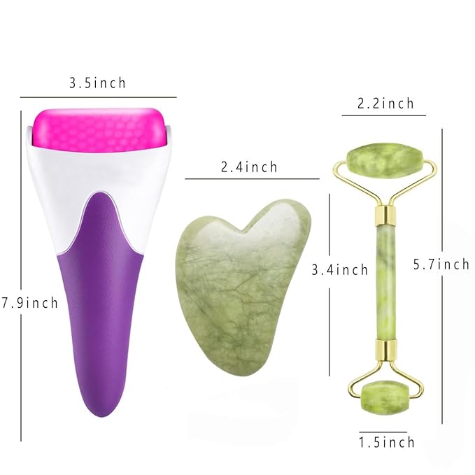 3 in 1 Ficial Face Ice Jade Roller and Gua Sha Tool, 100% Natural Real Jade Anti-Wrinkle Face Eye Neck Massager Tool, Reduce Wrinkles, Puffiness, Migraine, Redness, Pain and Injury (Purple)