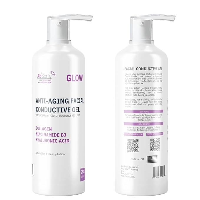Absonic Glow Microcurrent Conductive Gel - Anti-Aging Serum Enriched with Hyaluronic Acid, Collagen, Niacinamide B3 for Facial, LED, RF & Nuface Devices - 8.5oz Bottle - Made in USA