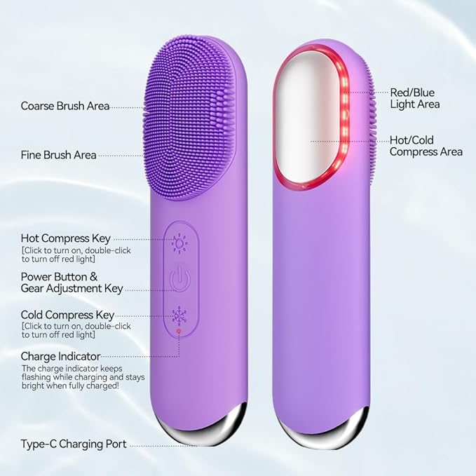 Facial Cleansing Brush, Silicone Face Scrubber, Electric Face Brushes for Cleansing with Vibration, Hot and Cold Modes, Face Scrub Brush for Women & Men Exfoliating and Massaging, Purple