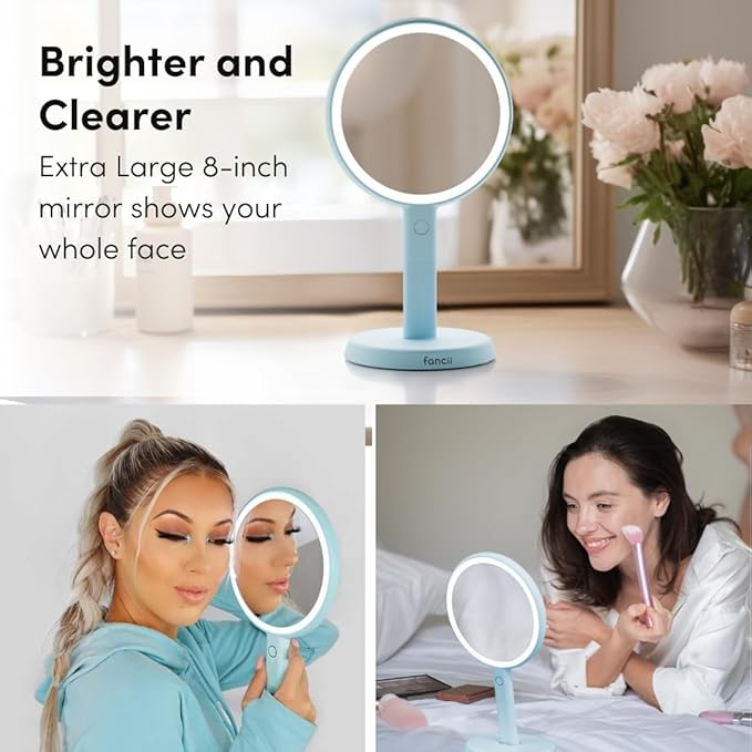 Fancii Cami Handheld Travel Makeup Mirror with Lights, Rechargeable, Extra Large, Double Sided 5X / 1X Magnifying Mirror - 3 Color Lighting, Handheld or Vanity (Blue Fluff)