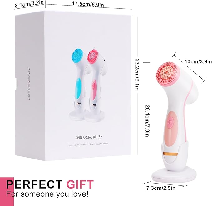 Facial Cleansing Brush, Waterproof Dual-Rotation Face Scrubber Exfoliator with 3 Brush Heads and 2 Adjustable Speeds, Rechargeable Exfoliating Face Brushes for Cleansing and Skin Care (Pink)