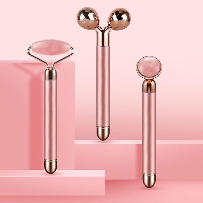 3-IN-1 Electric Jade Roller 3D Roller Facial Roller & Face Massager, Rose Quartz