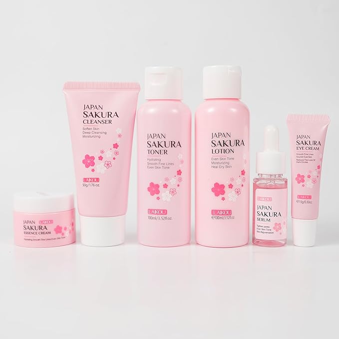 LAIKOU Skin Care Set, Facial Skin Care Products, Skin Care Kit with Sakura Serum, Cleanser, Toner, Lotion, Eye Cream, Essence Cream 6pcs for Women Teen Girls Mom Daughter Lover Mother's Day Christmas