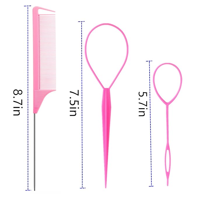 9pcs Topsy Hair Tail Tool and rat tail comb set,6pcs French Braiding Tool ring,3Pcs Metal Parting Combs,Woman Girl Hair Styling (Pink,Purple, Black)