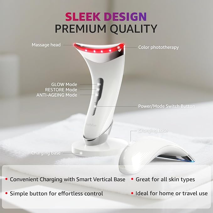 Red Light Therapy for Face and Neck, Renewal Face Lift Device with Vibration Tech, 3 in 1 Face Massager Tool with Thermals, True Beauty Glow Facial Sculptor for Wrinkles, Double Chin-White