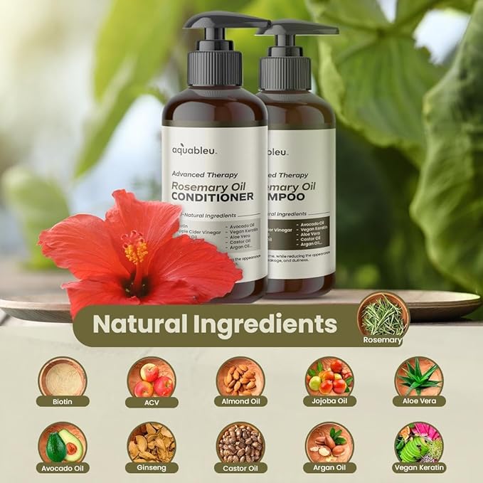 Aquableu Advanced Therapy Anti-Thinning Rosemary Oil Shampoo & Conditioner Set - Infused with 14 All-Natural Ingredients for Volume, Strength, Thickness, and Dullness Reduction (16oz)