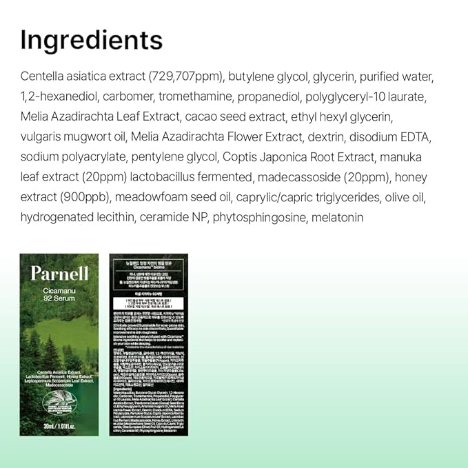 Parnell Cicamanu 92 Serum (1.01 Fl Oz) 30ml | Melatonin, Centella Asiatica | Ceramide for Overnight Recovery & Soothing Irritated Skin | Targets Hyperpigmentation & Deep Hydration | Korean Skin Care