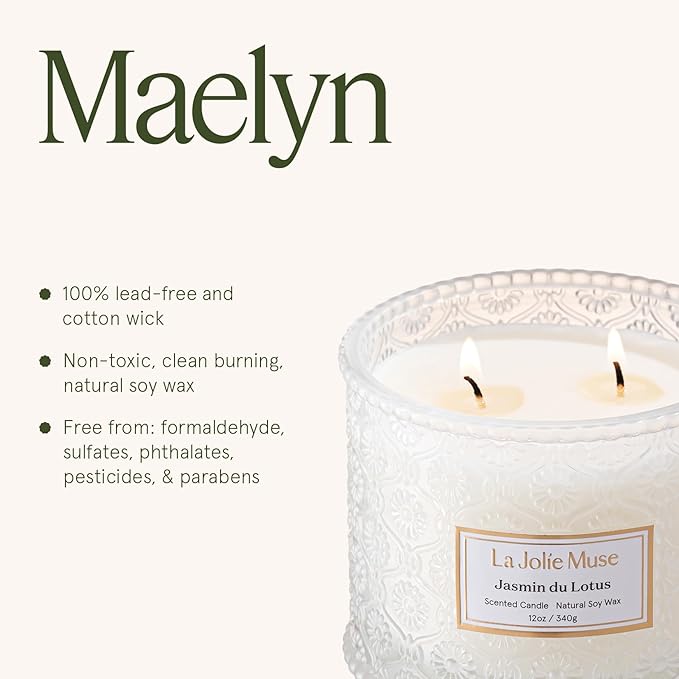 LA JOLIE MUSE Jasmin du Lotus Candle - Ivy, Jasmine, Cedarwood | 12 oz Large 2-Wick Soy Wax Candle | 60 Hours Clean Burn | Floral Scented Candle | Gift-Ready for Hosts & Gatherings