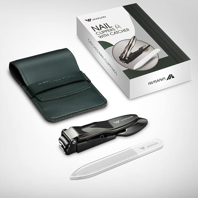 Nail Clippers with Catcher, No Splash Fingernail Toenail Clippers with Sharp Curved Blade and Glass Nail File, Wide Jaw Opening Stainless Steel Nail Cutter Trimmer for Seniors Adult Men Women