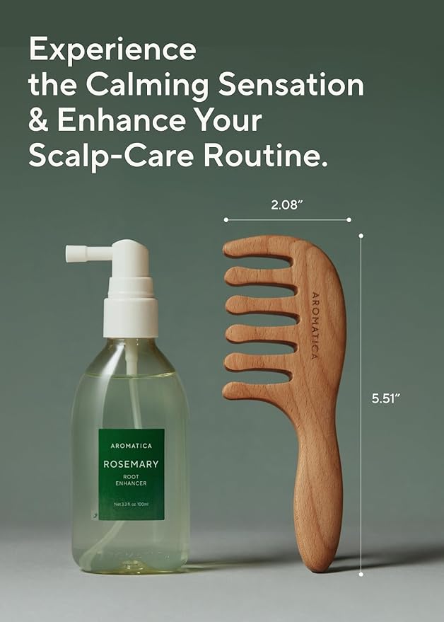 AROMATICA Rosemary Root Enhancer & Wooden Scalp Massager Set - Hair Scalp Massager with Rosemary Water Scalp Serum for Hair Growth, Hair Care for Women, Dry Treatment Set, Christmas Gift for hair care