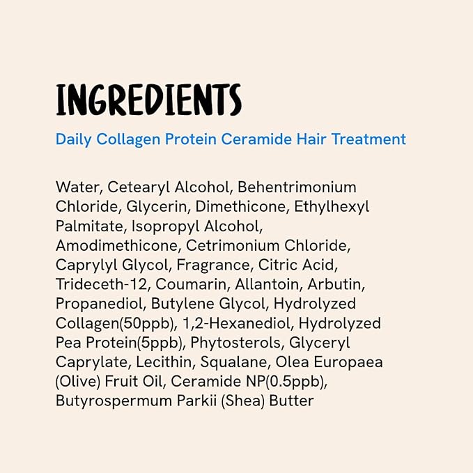 Daily Collagen Protein Ceramide Hair Treatment for Dry, Damaged Hair, Bond Repair Deep Conditioning Mask with Hydrolyzed Collagen & Pea Protein, 3.3fl.oz | 100ml