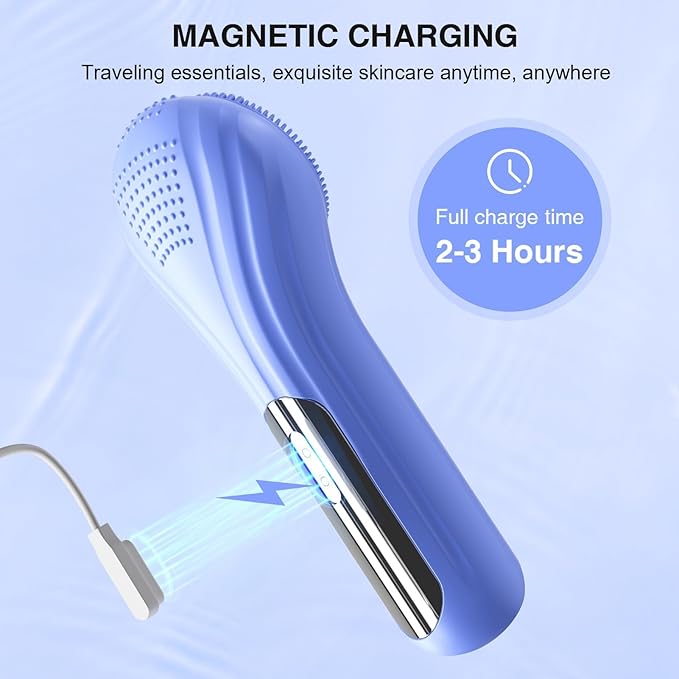 Silicone Face Scrubber, Waterproof Electric Facial Cleansing Brush for Men & Women, Rechargeable Face Scrubber with 5 Modes for Deep Cleansing, Exfoliating, Massage (Blue)