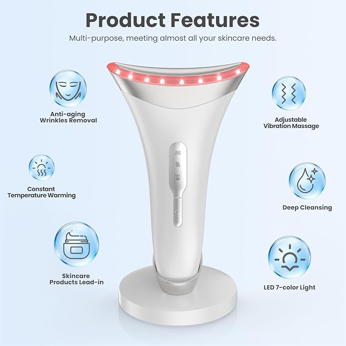 7 Color Light Face and Neck Massager Tool of Double Chin Reducer, Facial Massager with Adjustable Vibration and Thermals for Wrinkles Face Sculpting Tool with Base (White)