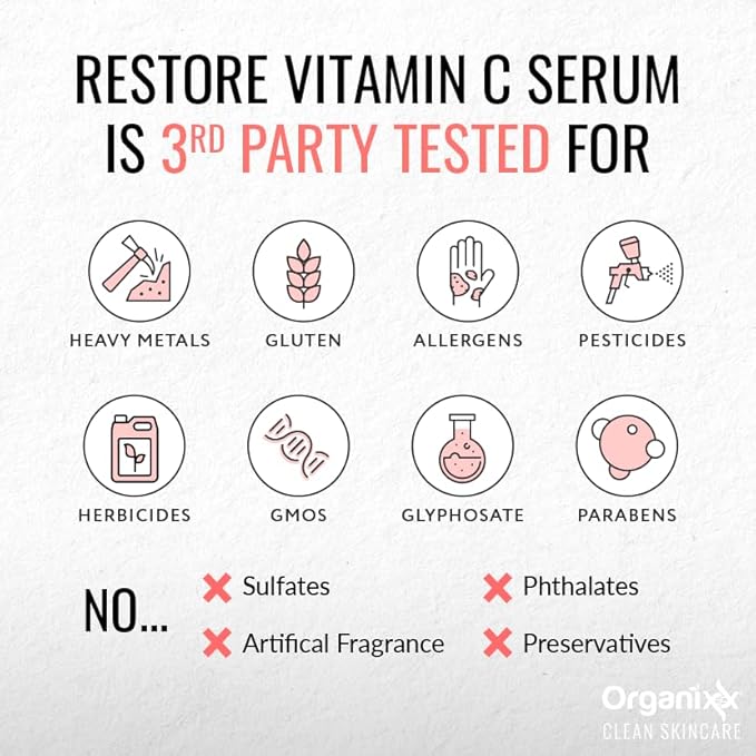 Organixx Restore Vitamin C Serum, Daily Face Serum With Hyaluronic Acid, Organic Vitamin E, Witch Hazel, Glycerin, & Aloe Vera, Brightening Formula, Gentle on Sensitive Skin, Vegan Skin Care, 1 FL Oz