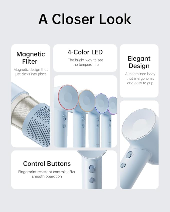 Laifen Hair Dryer SE, 200 Million Negative Ionic Blow Dryer with 105,000 RPM Brushless Motor 1400W Powerful Fast Drying High-Speed Low Noise Hairdryer with Magnetic Attachments