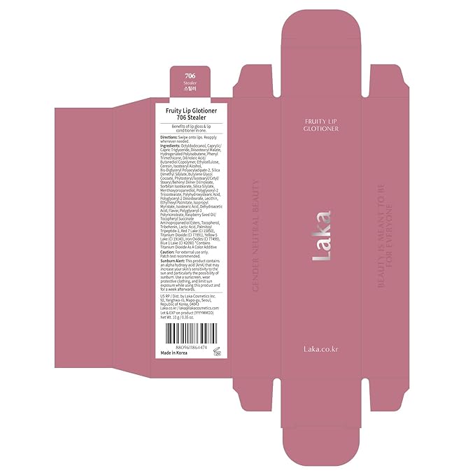 Laka Fruity Lip Glotioner, 10ml/0.33 fl.oz, Lip Gloss with High Shine Vivid Colors, Jelly tip for Hygienic & Easy Application, K-Beauty (#706 Stealer)