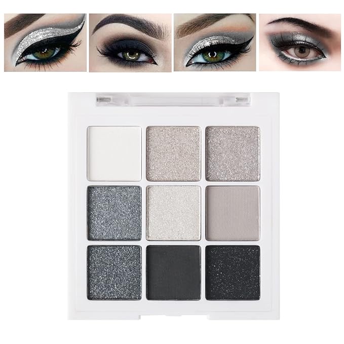 MEICOLY 9 Colors Glitter Eyeshadow Palette for Halloween Elphaba Makeup,Upgraded Black Smokey Gray Silver Eyeshadow,Shimmer Matte Eye Shadow Eye Makeup with Mirror sombras negra para ojos para de ojos