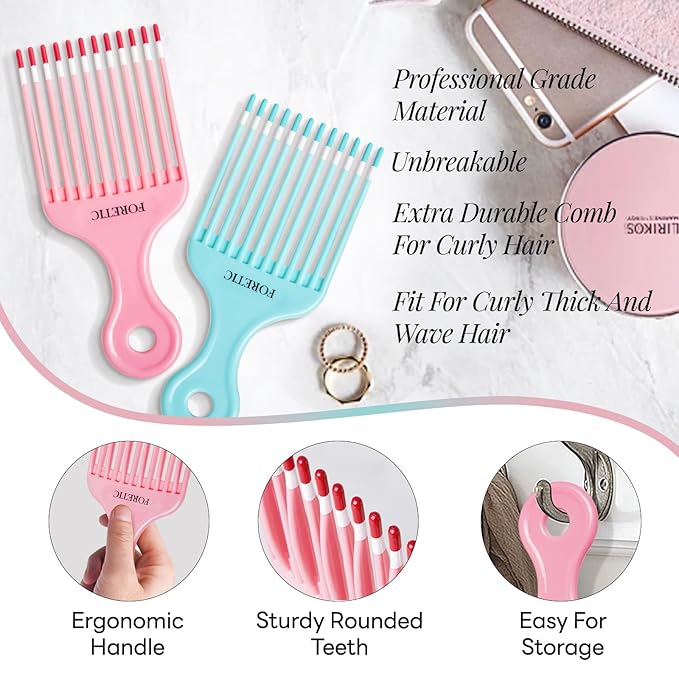 Smooth Hair Pick Comb for Curly, Thick, Medium to Long Hair, Facial -6.9inch(Blue, Pink)
