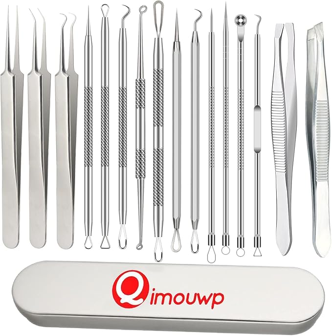 16 Pcs Pimple Popper Kit - Blackhead Remover & Acne Extractor Tool - Professional Stainless Steel Tweezers for Eyebrows, Pimples & Blemishes - Tools for Beauty Salons