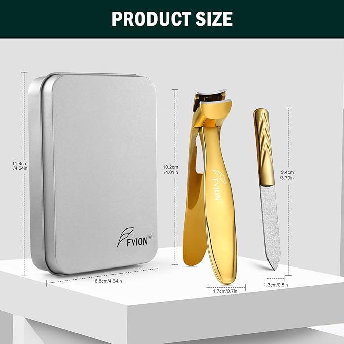 FVION Ergonomic Seniors Toenail Clippers, Curved Head Toe Nail Clippers for Thick Nails with Nail Catcher and Metal Nail File, Precision Nail Care Tool for Easier Trimming (Gold)