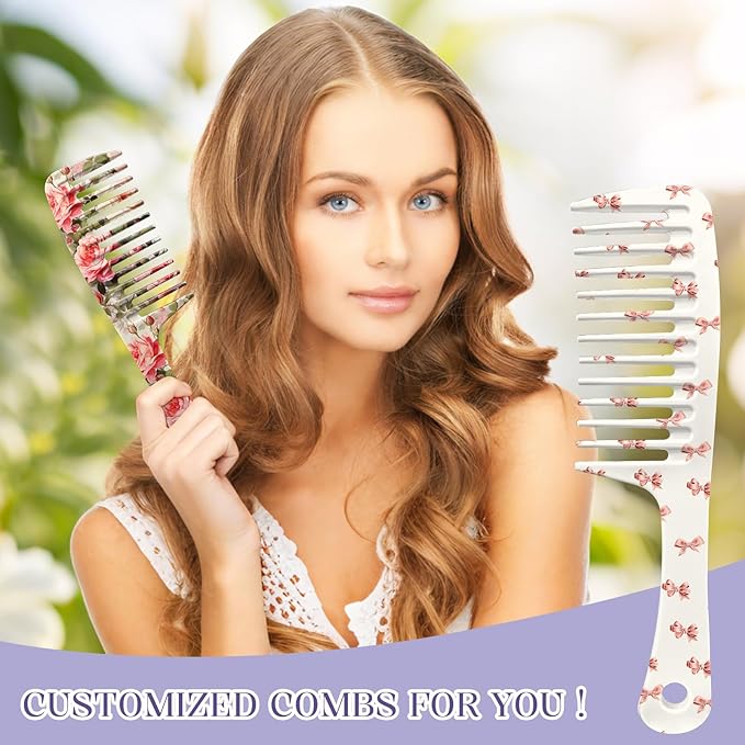 2PCS Wide Tooth Comb,Effortless Tangle Removal for Long Hair Styling Comb for Curly,Wet,Cute Aesthetic Design for Women Men and Girls(Pink-Flower Bow-01)