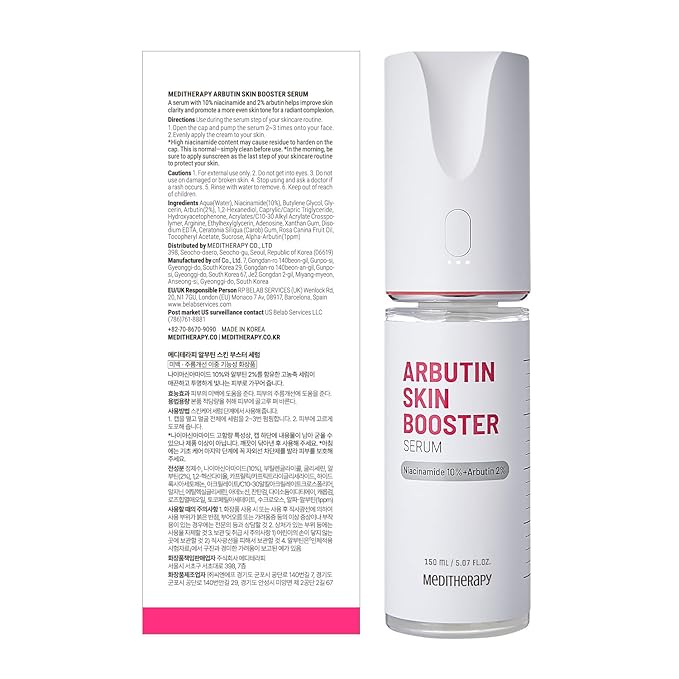 MEDITHERAPY Arbutin Skin Booster Serum + Device 5.07 fl. oz - Korean Face Serum with 10% Niacinamide and 2% Arbutin - At Home Face Massager Tool for Radiant Glow Skin - Boosts Skin Absorption by 770%