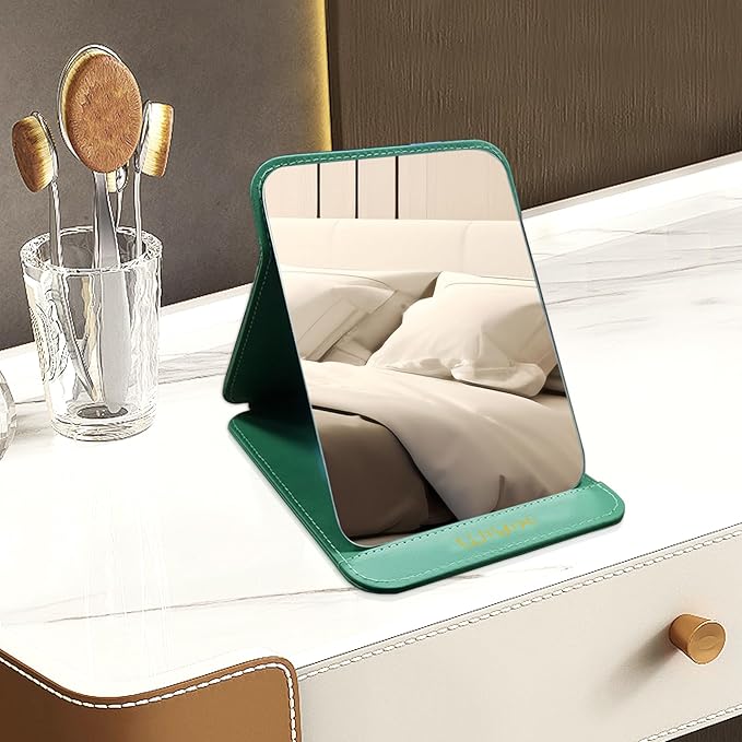 Foldable Travel Makeup Mirror, Adjustable Angle Portable Standing Vanity Mirror, Compact PU Leather Design for Home/Camping/Desktop Use, Fresh Green (8.4"x6")