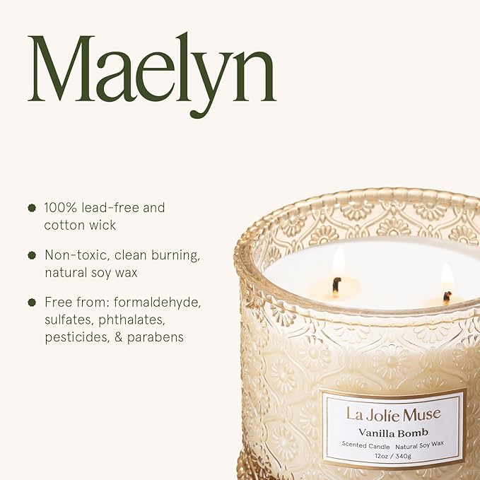 LA JOLIE MUSE Vanilla Bomb Candle | Lemon Zest, Fressia & Patchouli | 12 oz Large 2-Wick Soy Wax Candle | 60 Hours Clean Burn | Gift-Ready for Hosts | Elegant Home Décor