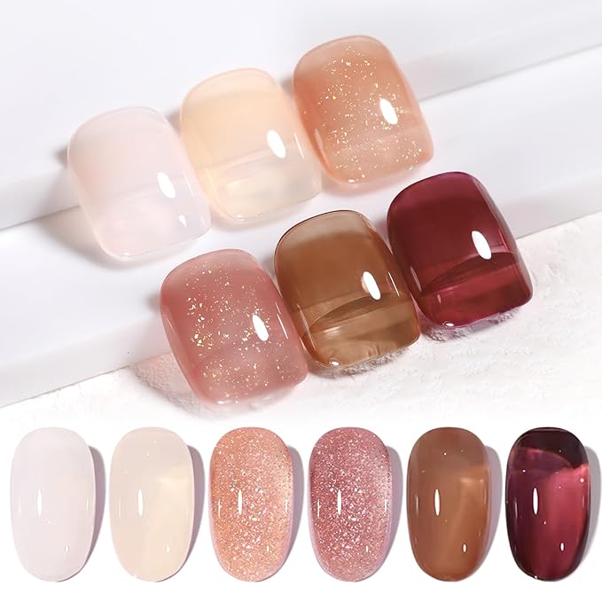 Born Pretty Jelly Gel Nail Polish Fall Winter Brown Nude Dark Wine Red Sheer Gel Nail Polish, Crystal Transparent Gel Polish Nail Art Manicure DIY Salon and Home 7ML 6PCS