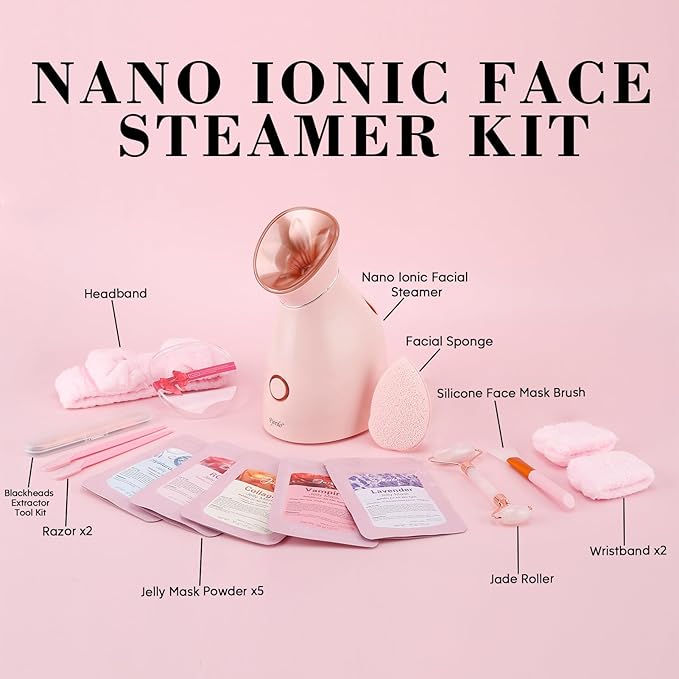 Facial Steamer Spa Kit, 12 Skin Care Tools & 5 Jelly Mask Powder, Nano Ionic Steamer for Facial Deep Cleaning Unclog Pores Sinuses, Warm Mist Humidifier for Home SPA, Self Care Gifts for Women