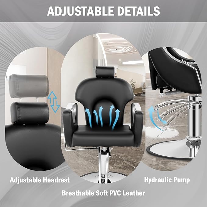 Reclining Salon Chair for Hair Stylist, Heavy Duty Hair Barber Chair with Adjustable Headrest, 360 Degree Swivel Beauty Spa Equipment Max Load 440Lbs, Black Silver