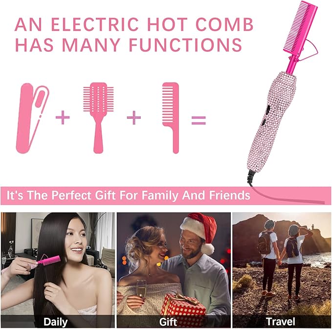 Deluxe Electric Hair Straightener and Curling Comb for Natural Hair and Wigs, 450°F Heat Pressing Comb with Anti-Scald Case (Pink)