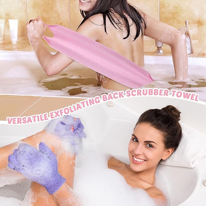 4 Pack Exfoliating Washcloth Back Scrubber Set, 2 Exfoliating Body Scrubber Nylon Back Body Scrub Towel, 2 Pairs Shower Gloves for Women Men Bath Shower Exfoliation(Pink, Purple)
