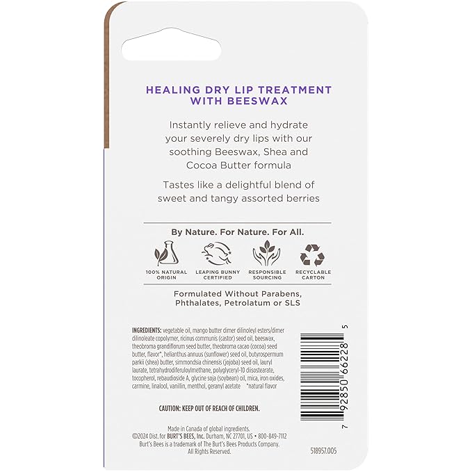 Burt's Bees Stocking Stuffers, Rescue Lip Relief, Berry Medley, Hydrating Lip Balm for Dry Cracked Lips, with Responsbily Sourced Beeswax and Shea Butter, 100% Natural Origin, 1 Squeezy Tube, 0.35oz