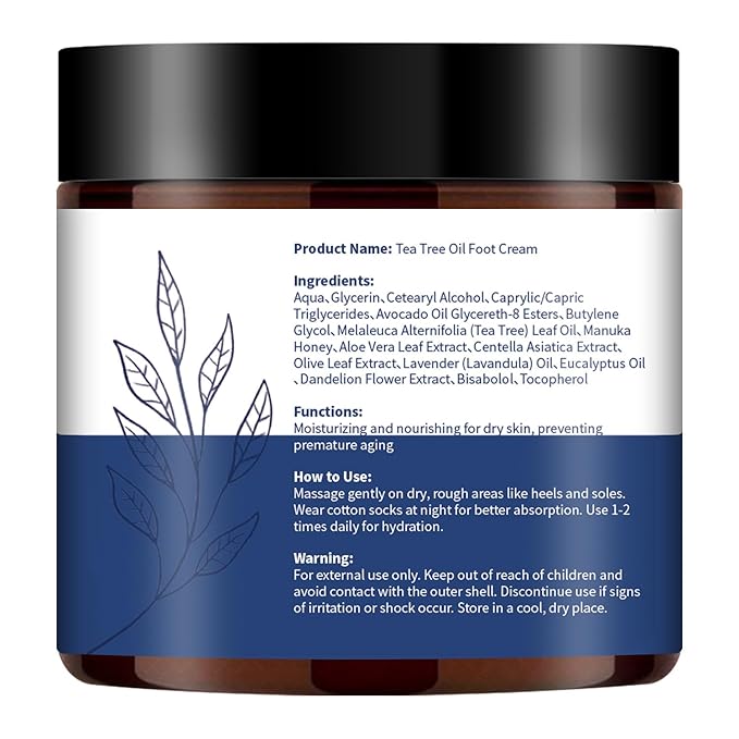 Tea Tree Oil Foot Cream Unscented with Eucalyptus Oil, Manuka Honey Natural for Feet Balm Moisturizing Instantly Hydrates & Soothes Irritated Skin & Athletes Foot Repair & Callus Remover 7 Oz