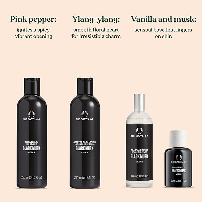 The Body Shop Black Musk Gift Box- 4 Piece Set, Includes Shower Gel, Body Lotion, Fragrance Mist and Eau De Toilette, Vegan