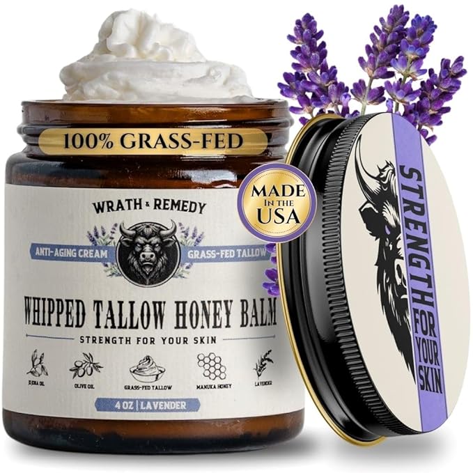 Organic Beef Tallow for Skin - 4 OZ (Lavender) β Grass Fed Beef Tallow for face + Body β US-Made Whipped Tallow and Honey Balm Moisturizer for Dry and Sensitive Skin, Eczema, Rosacea (No Additives)