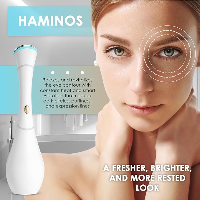 Eye Massager Wand with Heat, Vibration & Red/Blue LED, Ionic (Galvanic) Skincare Absorption, USB‑C Rechargeable with Charging Base, Helps Reduce the Look of Puffiness & Dark Circles