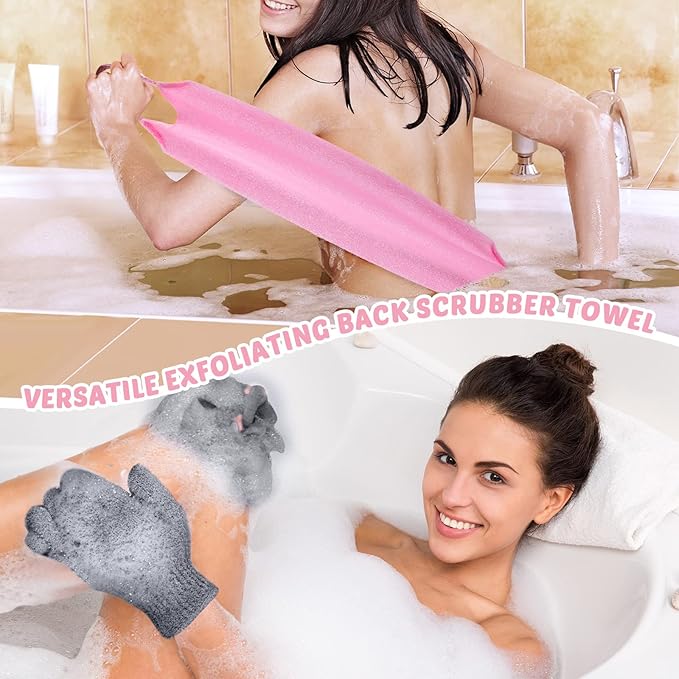 4 Pack Exfoliating Washcloth Back Scrubber Set, 2 Exfoliating Body Scrubber Nylon Back Body Scrub Towel, 2 Pairs Shower Gloves for Women Men Bath Shower Exfoliation(Pink, Gray)
