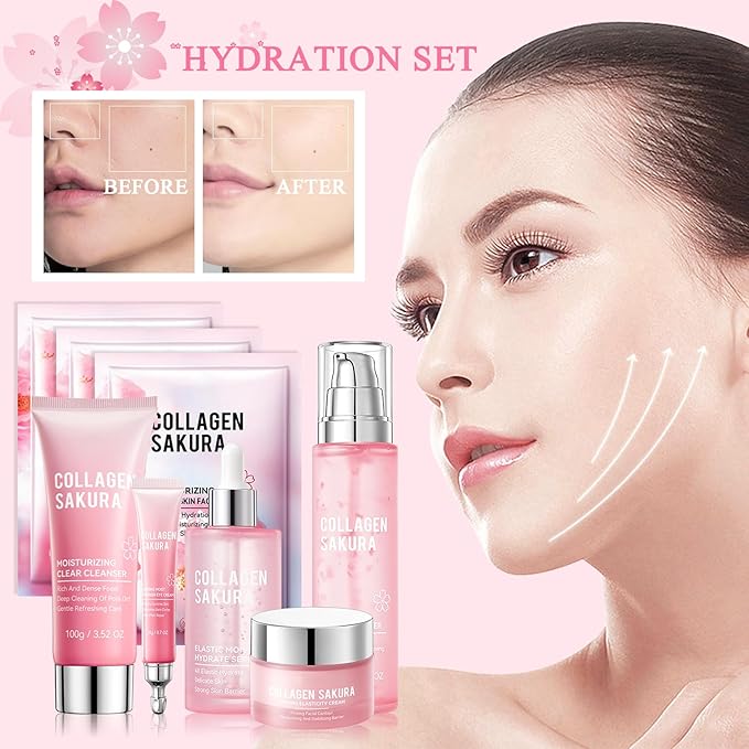 8PCS Skin Care Set, Moisturizing Cherry Blossom Facial Skin Care Kit, Hydrating Skincare Set for Women, Travel Facial Care Kits with Face Masks, Eye Cream, Cleansing Lotion, Serum, Face Cream,Toner