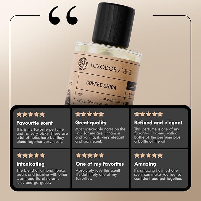 Coffee Chica - Inspired by Goods Girls pheromones perfumes for women cologne - dupes fragrances - Clean ingredients - Paraben Free Vegan - 3.4 fl. oz (100ml) with perfume oil 10 ml roll-on