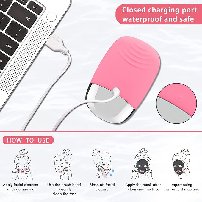Facial Cleansing Brush, 3-in-1 Electric Silicone Face Scrubber, Vibrating Massager, IPX7 Waterproof, USB Rechargeble Pore Brush for Deep Cleanning, Blackhead Remover, Exfoliating (Pink)