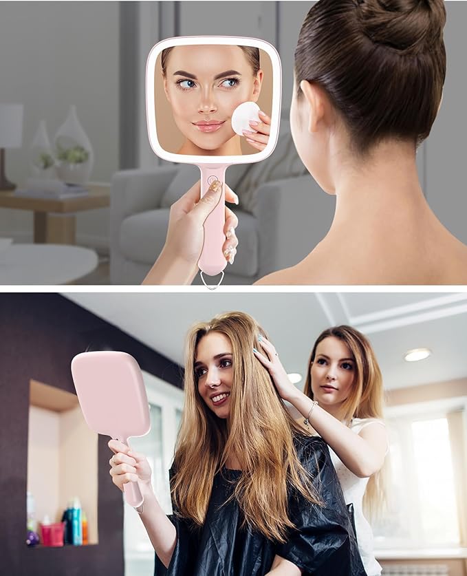 Famihomii Lighted Handheld Mirror, Handheld Mirror with 3 Light Color, Led Hand Mirror for Women, Makeup Mirror with Handle Hole Hanging Portable Travel Vanity for Girls, Battery Operated, Gifts