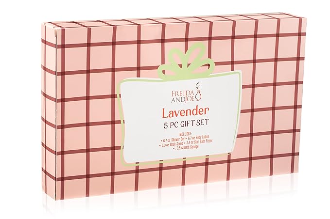 Freida & Joe Fragrance Bath & Body Collection Gift Box, Includes Shower Gel, Body Lotion, Body Scrub, Bath Bomb & Sponge (Lavender 2.0)